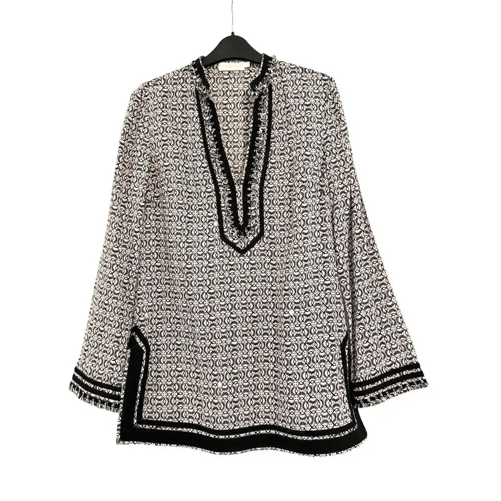 Tory Burch Geometric Fringe Trim Cotton Tunic Blouse Size 6